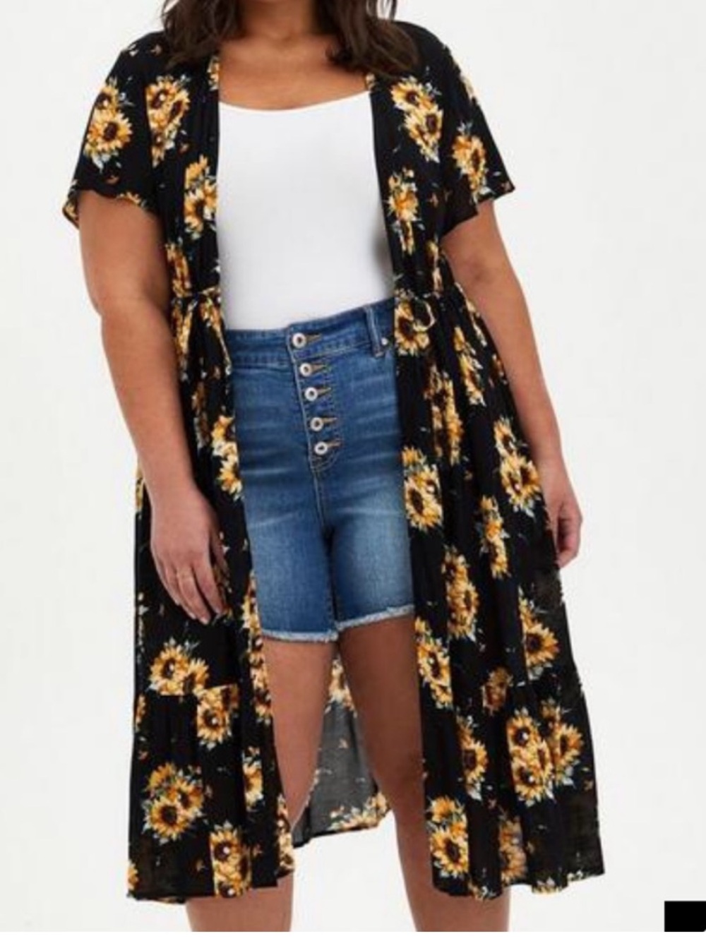 torrid Black Floral Open Cardigan with Yellow Accents